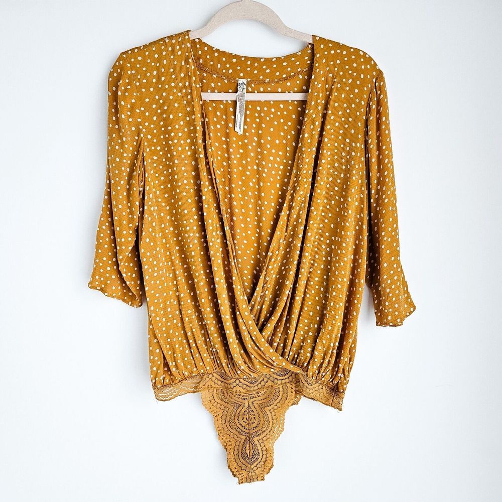 Free People Intimately Polka Dot Asymmetrical Bodysuit S Mustard Yellow